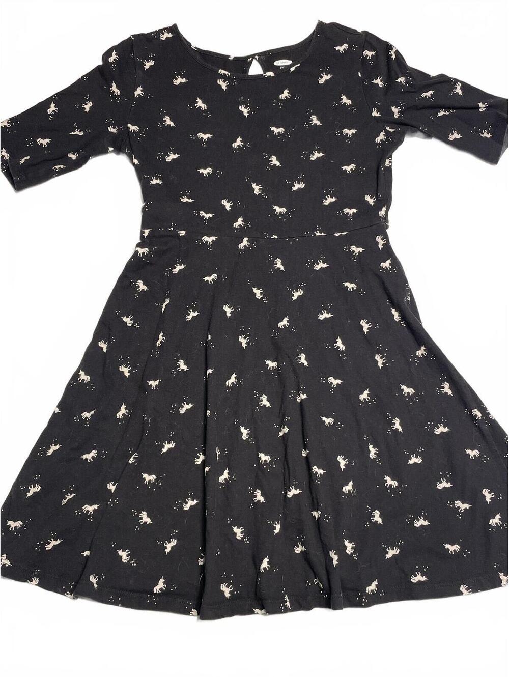 Old Navy girls dress black with white unicorns three-quarter sleevesize 10/12
